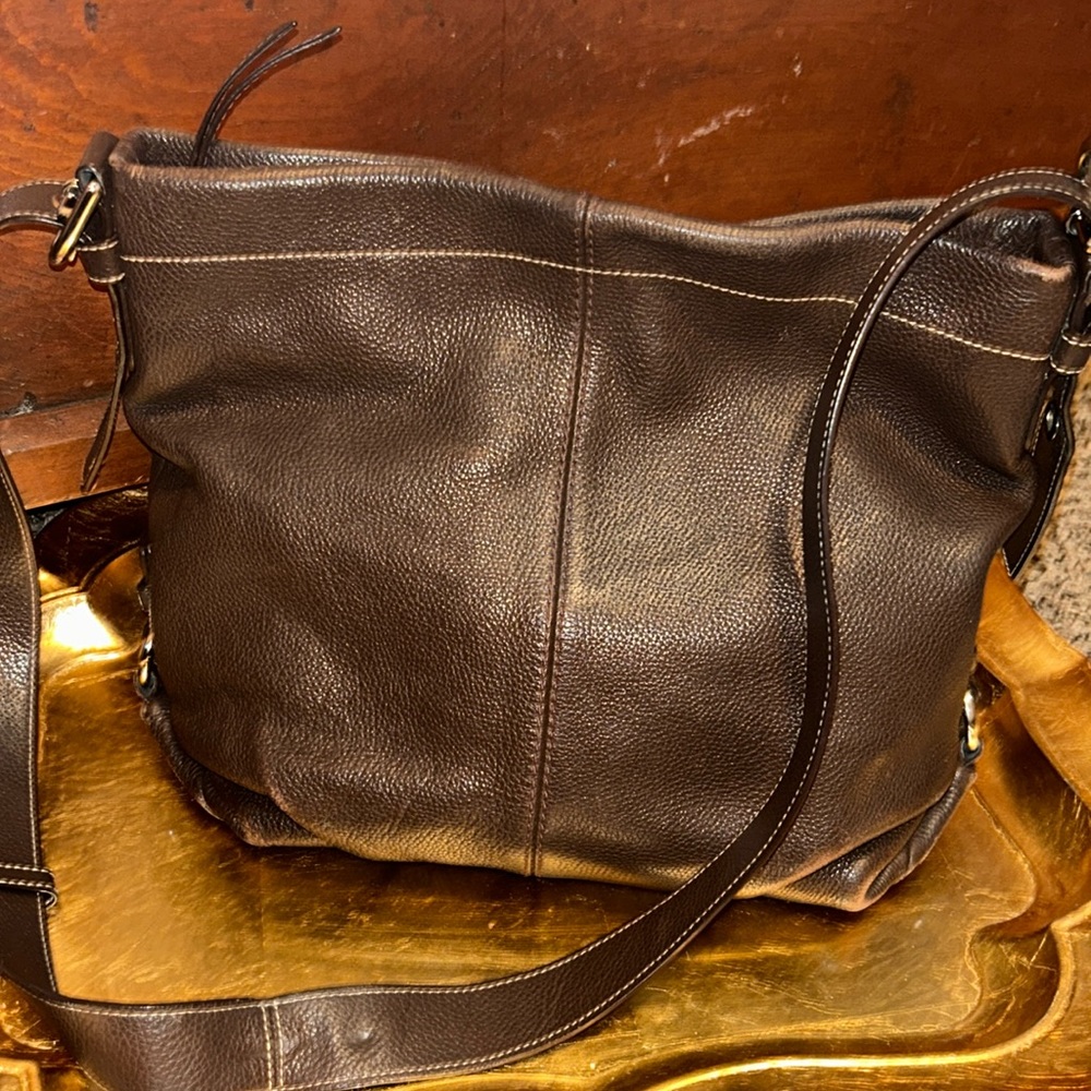 Very Good Condition Coach Brown Pebble Leather Convertible Bag